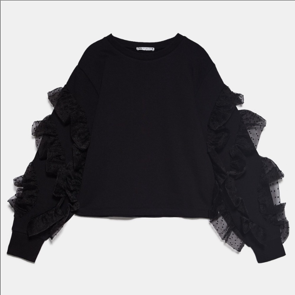 Zara Black Dotted Mesh Ruffle Sweater Pullover S